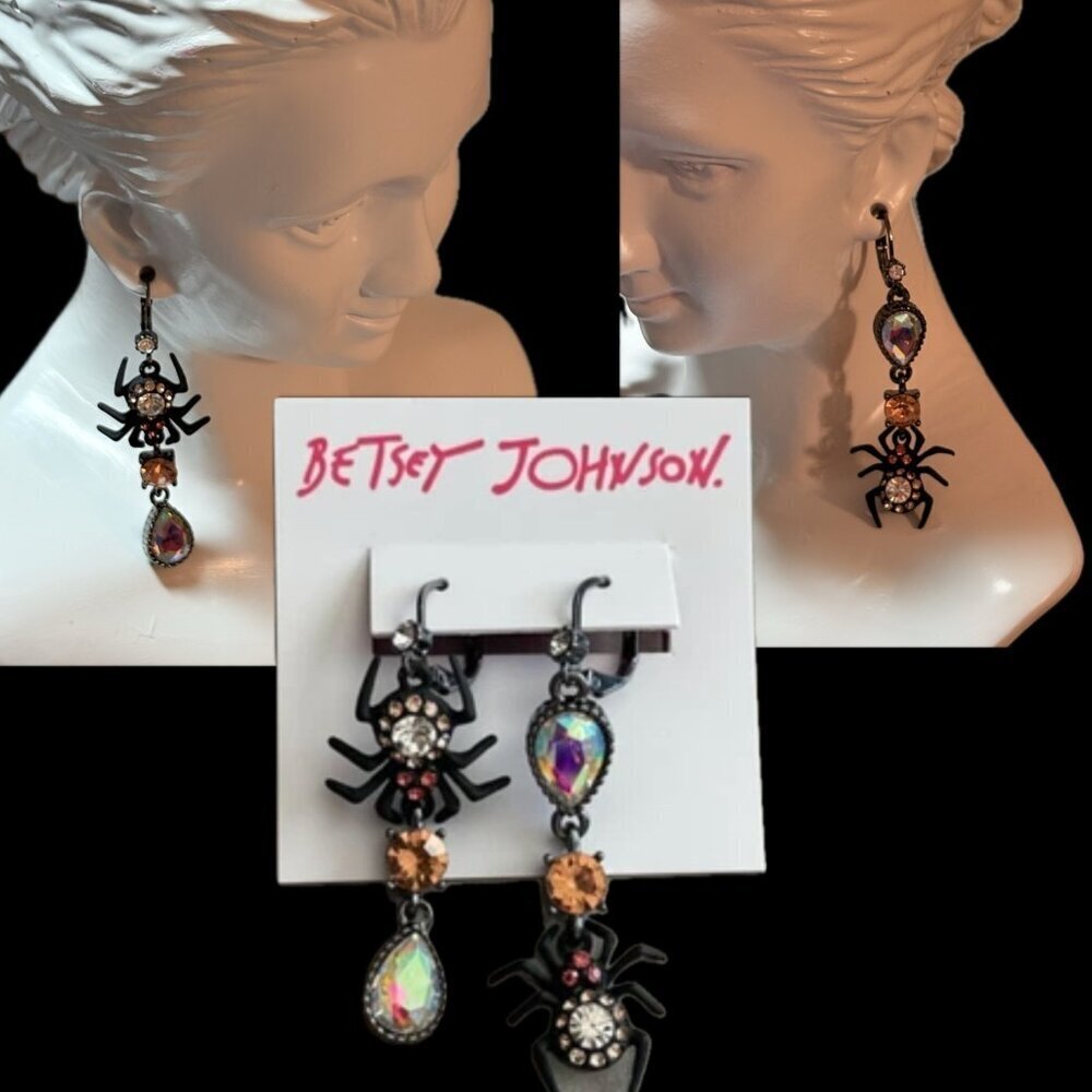 Betsey Johnson Black Spider Crystal Teardrops Pave Detail Mismatched Earrings